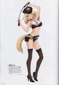 1girl absurdres animal_ears bare_arms bare_shoulders belt belt_pouch between_breasts black_footwear blonde_hair blue_eyes bra breasts closed_mouth collarbone dog_ears dog_tail full_body guilty_princess hair_over_one_eye hat high_heels highres holding light_smile lips long_hair looking_at_viewer medium_breasts navel necktie page_number panties peaked_cap pouch scan sheriff_badge solo standing star_(symbol) stomach strapless strapless_bra tail thighhighs thighs tony_taka underwear underwear_only white_background