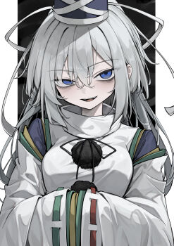 1girl :d absurdres black_background black_ribbon blue_eyes blue_hat commentary_request green_ribbon grey_hair hair_between_eyes hands_in_opposite_sleeves hat hat_ribbon highres hisha_(kan_moko) japanese_clothes kariginu long_hair long_sleeves looking_at_viewer mononobe_no_futo neck_ribbon open_mouth paid_reward_available pom_pom_(clothes) red_ribbon ribbon ribbon-trimmed_sleeves ribbon_trim smile solo tate_eboshi teeth touhou upper_body upper_teeth_only white_ribbon