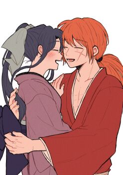 1boy 1girl absurdres back_bow black_hair blue_hair blue_ribbon blush bow closed_eyes collarbone commentary_request couple cross_scar facial_scar facing_another forehead-to-forehead hair_intakes hair_ribbon hand_on_another&#039;s_shoulder heads_together hetero high_ponytail highres himura_kenshin hug japanese_clothes kamiya_kaoru kimono long_hair low_ponytail odayakaneko open_mouth orange_hair parted_bangs ponytail purple_kimono red_kimono ribbon rurouni_kenshin sash scar scar_on_cheek scar_on_face sidelocks smile upper_body white_background