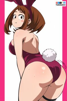 1girl animal_ear_hairband animal_ears artist_name ass bluesky_logo boku_no_hero_academia breasts brown_eyes brown_hair closed_mouth fake_animal_ears fake_tail hairband highleg highleg_leotard large_breasts leotard looking_at_viewer looking_back patreon_logo pixiv_logo playboy_bunny pout purple_leotard rabbit_ear_hairband rabbit_ears rabbit_tail solo tail thigh_strap tsuranukko twitter_x_logo uraraka_ochako