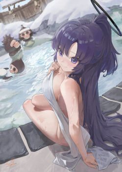 1girl absurdres blue_archive breasts closed_mouth from_behind highres holding holding_towel large_breasts long_hair looking_at_viewer m.q_(mqkyrie) monkey naked_towel onsen outdoors purple_eyes purple_hair sitting smile snow solo_focus thighs towel very_long_hair water wet yuuka_(blue_archive)