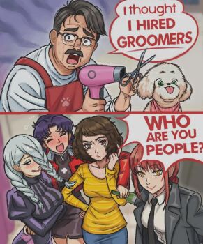 1boy 1other 2025 2koma 4girls apron black_jacket blush bottle chainsaw_man comic condom crossed_arms crossover dog drunk english_text facial_hair glasses grey_hair groomer hair_dryer highres holding holding_bottle holding_condom hug jacket jujutsu_kaisen katsuragi_misato kawakami_sadayo makima_(chainsaw_man) mei_mei_(jujutsu_kaisen) multiple_girls mustache neggoartz neon_genesis_evangelion persona persona_5 poodle purple_hair red_hair red_jacket scissors shirt sweat tongue tongue_out yellow_shirt