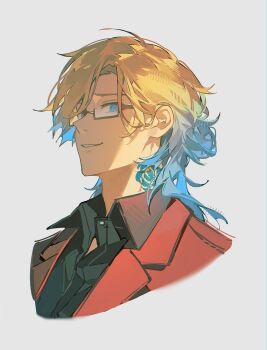 1boy black-framed_eyewear black_shirt blonde_hair blue_eyes blue_hair blue_lock collared_shirt commentary cropped_shoulders eyeliner flower_tattoo grey_background highres hueirin jacket looking_at_viewer makeup male_focus michael_kaiser multicolored_hair neck_tattoo parted_lips rectangular_eyewear red_eyeliner red_jacket semi-rimless_eyewear shirt simple_background solo suit_jacket symbol-only_commentary tattoo teeth two-tone_hair under-rim_eyewear