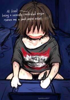 1girl black_pubic_hair blush bottomless brown_hair commentary cowboy_shot drawing_(action) drawing_tablet english_text excessive_pubic_hair female_pervert female_pubic_hair grey_shirt hair_ornament highres indoors jimiko nose_blush open_mouth original pervert pubic_hair ramdomrot shirt short_hair solo spanish_commentary t-shirt