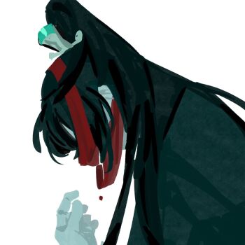 Rule 34 | 1boy, bakori 555, bandages, bandages over eyes, black coat, black hair, blood, coat, family hierarch candidate (identity) (project moon), hand up, high ponytail, highres, hong lu (project moon), limbus company, long hair, no lineart, ponytail, project moon, red bandage, simple background, solo, very long hair, white background