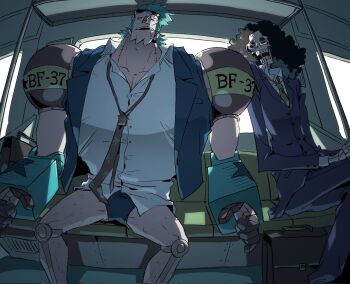 Rule 34 | 2boys, 41waysu, afro, black hair, blue hair, brook (one piece), commentary request, eyewear on head, formal clothes, franky (one piece), highres, indoors, korean commentary, leg hair, male focus, multiple boys, necktie, one piece, panties, pompadour, shirt, sideburns, sitting, skeleton, squeans, stitched neck, stitches, suit, sunglasses, underwear, white shirt