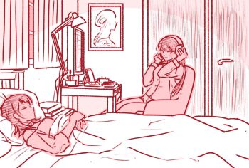 2girls bang_dream! bang_dream!_it's_mygo!!!!! closed_mouth computer eoljukko headphones highres indoors long_hair looking_at_another mole mole_under_eye monochrome multiple_girls painting_(object) pajamas pink_theme shiina_taki sitting sleeping smile under_covers yahata_umiri