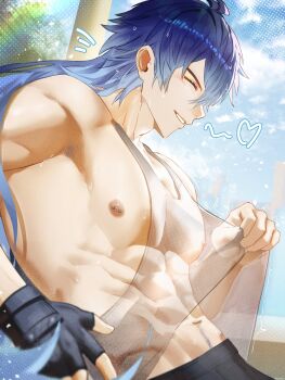 1boy abs absurdres black_gloves blue_hair closed_eyes fingerless_gloves flins_(genshin_impact) from_side genshin_impact gloves gradient_hair highres kaon7lv long_hair male_focus multicolored_hair muscular muscular_male navel navel_hair nipple_bar nipple_piercing nipples pectorals piercing see-through_clothes see-through_tank_top solo sweat two-tone_hair yellow_eyes