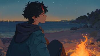 1boy bags_under_eyes beach black_hair blue_hoodie campfire demon_horns expressionless highres hood hood_down hoodie horizon horns knee_up looking_to_the_side male_focus mountainous_horizon original red_eyes shore short_hair sitting sky skyline solo star_(sky) starry_sky sunset wormudon