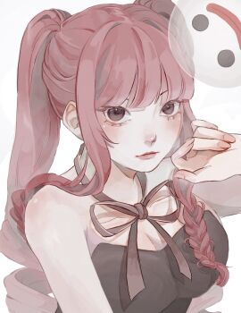 1girl black_dress blunt_bangs closed_mouth commentary_request dress ghost highres looking_at_viewer lower_eyelashes_only one_piece perona pink_hair simple_background solo twintails u_mi031 upper_body white_background