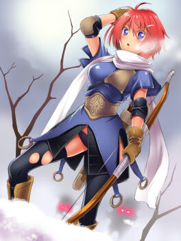 Rule 34 | 1girl, archer (ragnarok online), armored skirt, arrow (projectile), bare tree, black panties, black thighhighs, blue eyes, blue shirt, blush, boots, bow (weapon), breasts, breath, brown boots, brown gloves, commentary request, eyes in shadow, feet out of frame, gloves, grey sky, hair ornament, hairclip, hand hair, highres, holding, holding bow (weapon), holding weapon, looking at viewer, medium breasts, muneate, ngo (ngo dandelion), open mouth, outdoors, panties, pantyshot, pink hair, quiver, ragnarok online, shirt, short hair, short sleeves, sky, snow, solo, thighhighs, tree, underwear, weapon