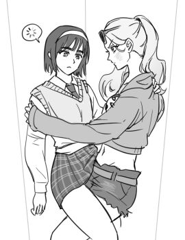 2girls alien_stage between_legs bob_cut collared_shirt commentary cramped crop_top english_commentary eyewear_on_head greyscale hairband highres loading_icon long_hair long_sleeves mizi_(alien_stage) monochrome multiple_girls navel necktie official_alternate_costume plaid_clothes plaid_skirt ponytail seafoons shirt short_hair shorts skirt speech_bubble sua_(alien_stage) sunglasses sweater_vest yuri