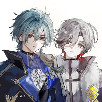 Rule 34 | 1101 nimox, 2boys, armor, artist name, black choker, chinese commentary, choker, collared shirt, commentary request, fur trim, genshin impact, grey shirt, hair between eyes, head tilt, highres, illuga (genshin impact), jacket, lohen (genshin impact), looking at viewer, looking to the side, male focus, multicolored eyes, multiple boys, open clothes, open jacket, parted bangs, parted hair, pauldrons, shirt, shoulder armor, sideways glance, simple background, single pauldron, turtleneck, twitter username, upper body, white background, white fur, wing collar, yaoi