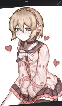 1girl :/ aigis_(persona) android armband art_program_in_frame black_choker black_skirt black_thighhighs blonde_hair blue_armband blue_sailor_collar blush bow breasts cardigan choker closed_mouth commentary compactform cosplay cowboy_shot english_commentary gold_hairband green_eyes hair_between_eyes hairband hands_on_lap heart highres lace lace-trimmed_skirt lace_trim looking_at_viewer persona persona_3 pink_cardigan pleated_skirt robot_ears sailor_collar sepia short_hair simple_background single_thighhigh sitting skirt sleeves_past_fingers sleeves_past_wrists small_breasts solo thighhighs ukinami_yuzuha ukinami_yuzuha_(cosplay) white_background white_bow zenless_zone_zero
