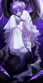 1girl absurdres ahoge air_bubble armored_boots bbeedol blush boots bubble commentary detached_sleeves frills goddess_of_victory:_nikke hair_between_eyes hair_intakes hairband headgear highres hugging_own_legs leotard liberalio_(nikke) looking_at_viewer pantyhose purple_hair red_eyes short_hair_with_long_locks sleeves_past_fingers sleeves_past_wrists solo twintails underwater white_leotard white_pantyhose white_sleeves wire