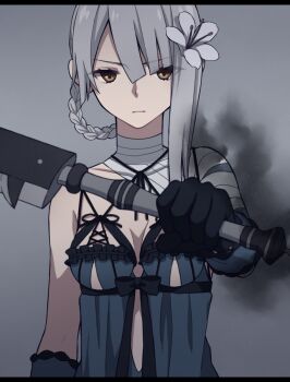 1girl asymmetrical_hair bandaged_arm bandages blue_negligee braid braided_hair_rings breasts brown_eyes closed_mouth commentary_request diagonal_bangs expressionless flower grey_background grey_hair hair_flower hair_ornament hair_rings highres holding holding_sword holding_weapon kaine_(nier) lingerie long_hair looking_at_viewer medium_breasts negligee nier nier_(series) single_hair_ring solo sword tamakingx422x underwear upper_body weapon white_flower