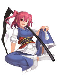 Rule 34 | 1girl, absurdres, breasts, coin, commentary, cup, fps xilou, full body, highres, holding, holding cup, knee up, large breasts, looking at viewer, obi, onozuka komachi, open mouth, red eyes, red hair, sash, scythe, short sleeves, simple background, smile, socks, solo, touhou, two side up, variant set, white background, white socks
