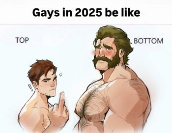 Rule 34 | !, 2boys, anger vein, bara, blush, brown hair, chest hair, closed mouth, commentary, dadee (da ddy22), dispatch, english commentary, english text, facial hair, highres, large pectorals, male focus, middle finger, multiple boys, muscular, muscular male, mustache, mutton chops, nipples, pectorals, phenomaman (dispatch), robert robertson, short hair, top/bottom dynamic annotated, yaoi