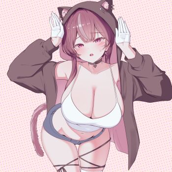 1girl animal_ear_hood animal_ears bare_shoulders black_choker blunt_bangs blush breasts brown_hair cat_ears cat_tail choker cleavage collarbone commentary criss-cross_straps crop_top earrings fake_animal_ears gloves grey_shorts hands_up head_tilt heart heart-shaped_pupils heart_choker heart_earrings highres hood hood_up hoodie jewelry jururu large_breasts leaning_forward long_sleeves looking_at_viewer midriff multicolored_hair navel open_mouth pink_background pink_eyes polka_dot polka_dot_background rabbit_pose rapid17 safety_pin shirt short_shorts shorts single_thighhigh sleeveless sleeveless_shirt solo spaghetti_strap streaked_hair symbol-shaped_pupils tail tank_top teeth thigh_strap thighhighs thighs two-sided_fabric two-sided_hoodie upper_teeth_only virtual_youtuber waktaverse white_gloves white_shirt white_tank_top white_thighhighs