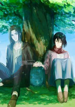 absurdres black_hair black_jacket black_pants blue_skirt brown_hair brown_shoes cardigan couple eren_yeager facial_scar full_body grave hair_between_eyes hetero highres holding_hands hood hood_down hooded_jacket jacket long_skirt medium_hair mikasa_ackerman pants parted_bangs pink_cardigan ponytail red_scarf scar scar_on_cheek scar_on_face scarf shingeki_no_kyojin shirt shoes sitting skirt sngk_ej0506 spirit tree under_tree white_shirt