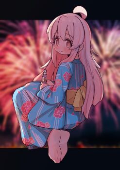 Rule 34 | 1girl, absurdres, aerial fireworks, ahoge, barefoot, blue kimono, blurry, blurry background, blush, bottle, brown eyes, commentary request, feet, fireworks, floral print, floral print kimono, full body, hair between eyes, highres, holding, holding bottle, japanese clothes, kimono, letterboxed, long hair, looking at viewer, looking back, male-female symbol, onii-chan wa oshimai!, oyama mahiro, partial commentary, pink hair, print kimono, smile, solo, tsubatya, yukata