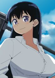 1girl arato_nagi black_hair blue_eyes breasts collarbone collared_shirt earrings highres holding holding_pickaxe jewelry large_breasts long_hair looking_at_viewer pickaxe ruri_no_houseki sasayamaojisan shirt sleeves_rolled_up smile solo stud_earrings upper_body white_shirt wing_collar
