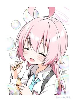 1girl :d ^_^ anzu_ame blowing_bubbles blue_archive blue_necktie blush border breast_pocket bubble_pipe closed_eyes collared_shirt commentary_request dress_shirt eyes_visible_through_hair facing_viewer fang hair_between_eyes halo hands_up happy highres hoshino_(blue_archive) long_hair necktie notice_lines open_mouth pink_hair pink_halo pocket school_uniform shirt sidelocks simple_background smile soap_bubbles solo twitter_username upper_body white_background white_border white_shirt