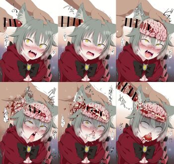 1boy 1girl absurdres angry animal_ear_fluff animal_ears bar_censor black_bow black_bowtie blood blood_from_mouth blush bow bowtie brain brain_fuck breasts cat_ears cat_girl censored cleavage clenched_teeth cloak crying crying_with_eyes_open cum cum_in_brain cum_in_ear death ear_penetration ear_sex ejaculation rolling_eyes female_focus grey_hair guro head_hold highres hrsk_(kihyahya) internal_cumshot mind_rape murder nosebleed open_mouth orgasm penis rape red_cloak sharp_teeth short_hair snuff solo_focus straight_hair tears teeth testicles tongue tongue_out wide-eyed yellow_eyes