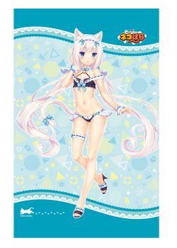 1girl :o absurdres animal_ear_fluff animal_ears bell bikini blue_bow blue_eyes blue_ribbon blush bow bra breasts cat_ears cat_girl cat_tail choker cleavage feet female_focus floating_hair frills full_body hair_bow high_heels highres jingle_bell leg_up long_hair looking_at_viewer maid maid_bikini nail_polish navel neck_bell nekopara official_art panties ribbon ribbon-trimmed_bra ribbon-trimmed_panties ribbon_trim sayori_(neko_works) silver_hair slit_pupils small_breasts solo standing standing_on_one_leg swimsuit tail tail_bow tail_ornament toenail_polish toenails toes twintails unconventional_maid underwear underwear_only vanilla_(nekopara) very_long_hair wrist_cuffs