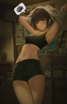 1girl absurdres armpits arms_up black_shorts blurry blurry_background blush breasts brown_hair can cleavage closed_mouth commentary_request cowboy_shot dressing eyelashes highres indoors light_particles midriff mirror navel original poster_(object) shelf short_hair shorts solo speech_bubble spoken_squiggle squiggle yukie0327