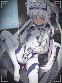 1girl blue_archive blush bodysuit commentary_request female_masturbation gloves halo himari_(armed)_(blue_archive) himari_(blue_archive) long_hair masturbation mole mole_under_eye official_alternate_costume one_eye_closed paid_reward_available partial_commentary pointy_ears recording solo special_cat variant_set white_bodysuit