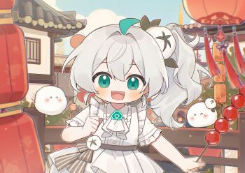 Rule 34 | 1girl, :d, ahoge, architecture, chinese commentary, cloud, commentary request, dress, east asian architecture, food, green eyes, green hair, hair between eyes, hair ornament, highres, holding, lantern, long hair, looking at viewer, open mouth, outdoors, quanmian shidai, short sleeves, side ponytail, sky, smile, solo, tanghulu, wen xiaomian, wenxiaomian family, white dress, white hair