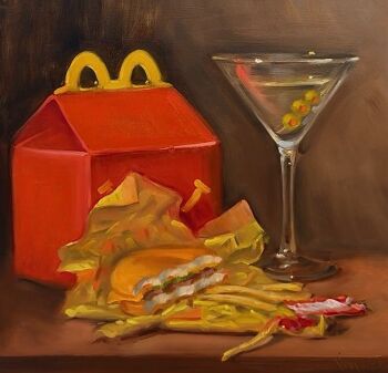 Rule 34 | alcohol, artist name, bread bun, burger, cheese, cocktail glass, commentary, cup, drink, drinking glass, english commentary, fast food, food, food focus, french fries, happy meal, highres, ketchup, ketchup packet, mcdonald's, meat, no humans, noah verrier, oil painting (medium), olive, painting (medium), still life, toothpick, traditional media