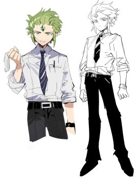 1boy alternate_costume alternate_skin_color bad_id bad_twitter_id belt black_pants collared_shirt contemporary cookie_run cropped_legs forehead_jewel full_body green_eyes green_hair highres humanization inactive_account male_focus multiple_views nana_(ebitokanimiso) necktie painttool_sai_(medium) pants pointy_ears police police_uniform policeman shirt sidelocks sketch solo_focus standing watch white_background white_shirt wind_archer_cookie wristwatch