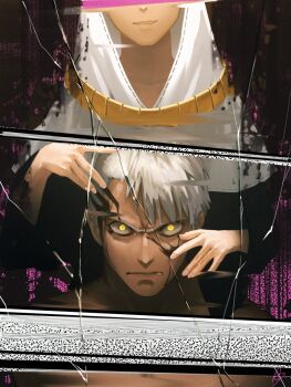 1boy 1girl amino_(tn7135) angry blood blood_on_face crack cracked_glass dark-skinned_male dark_skin emiya_alter fate/grand_order fate_(series) fingernails habit hands_on_another's_face head_out_of_frame long_sleeves nun serious sessyoin_kiara static white_hair wide_sleeves yellow_eyes