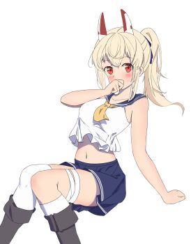 1girl absurdres arm_support asymmetrical_legwear ayanami_(azur_lane) azur_lane black_boots blonde_hair blue_sailor_collar blue_skirt blush boots commentary_request crop_top cropped_shirt double-parted_bangs feet_out_of_frame hand_up highres invisible_chair kneehighs long_hair looking_at_viewer midriff miniskirt navel necktie over-kneehighs ponytail red_eyes sailor_collar school_uniform serafuku shirt sitting skirt sleeveless sleeveless_shirt socks solo thighhighs white_shirt white_socks wounded_shaymin yellow_necktie