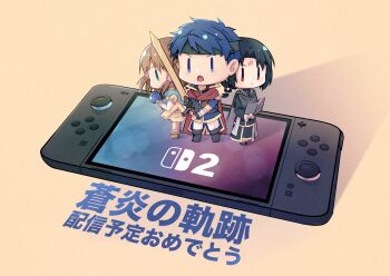 1girl 2boys blue_eyes blue_hair book brother_and_sister cape chibi chibi_only commentary_request facial_mark fire_emblem fire_emblem:_path_of_radiance forehead_mark handheld_game_console headband highres holding holding_book holding_staff holding_sword holding_weapon ike_(fire_emblem) long_hair mist_(fire_emblem) mochi88543 multiple_boys nintendo nintendo_switch_2 short_hair siblings soren_(fire_emblem) staff sword translation_request weapon