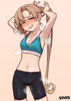 1girl absurdres adjusting_hair akigumo_(kancolle) armpits arms_up bike_shorts blue_sports_bra blush breasts brown_hair cleavage commentary_request commission cum cum_on_armpits cum_on_body cum_on_breasts cum_on_upper_body green_eyes highres kantai_collection large_variant_set long_hair looking_at_viewer medium_breasts mole mole_under_eye namaata nose_blush open_mouth ponytail pussy_juice signature simple_background skeb_commission solo sports_bra steaming_body sweat variant_set very_long_hair