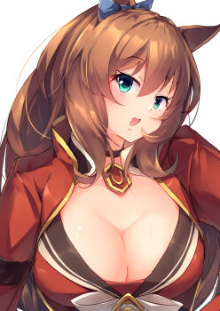 Rule 34 | 1girl, absurdres, animal ears, blue bow, blue eyes, blush, bow, breasts, brown hair, brown sailor collar, cleavage, commentary request, ear bow, green eyes, hair between eyes, highres, horse ears, horse girl, jacket, kanzakietc, large breasts, long hair, long sleeves, looking at viewer, maruzensky (formula r) (umamusume), maruzensky (umamusume), open mouth, pendant choker, red jacket, red shirt, sailor collar, shirt, simple background, smile, solo, umamusume, upper body, white background