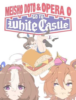 3girls :3 absurdres admire_vega_(umamusume) ahoge animal_ears archives.gokulism ass asymmetrical_footwear blue_shorts bow brown_hair burger crop_top crown ear_bow ear_covers food harold_&amp;_kumar highres horse_ears horse_girl horse_tail meisho_doto_(umamusume) mismatched_footwear multicolored_hair multiple_girls orange_hair parody purple_eyes shirt shorts t.m._opera_o_(umamusume) tail thighs two-tone_hair umamusume white_castle white_hair white_shirt