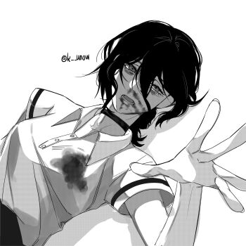 1girl blood blood_on_clothes blood_on_face chainsaw_man choker greyscale hair_between_eyes highres imminent_death k_unow lower_teeth_only lying monochrome on_back open_mouth polo_shirt reaching reaching_towards_viewer reze_(chainsaw_man) solo teeth twitter_username