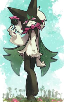 1other :3 animal_hands black_fur blue_sky body_fur claws closed_mouth flower full_body furry green_fur green_hair half-closed_eyes highres looking_at_viewer meowscarada nintendo on_grass other_focus outdoors pawpads pink_eyes pink_flower pokemon pokemon_(creature) short_hair short_tail simple_background sky smile solo sstoh standing tail two-tone_fur