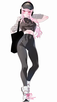 1girl absurdres artist_name bag black_bag black_hat black_leggings black_nails black_shirt blush breasts closed_mouth commentary fingernails full_body gluteal_fold hat headphones high_ponytail highres holding holding_bag hololive hololive_english jewelry kamiya_maneki large_breasts leggings long_hair looking_at_viewer midriff_peek mori_calliope nail_polish necklace pink_eyes pink_hair ponytail shirt shoes signature simple_background skull_necklace solo standing twitter_username virtual_youtuber white_arm_warmers white_background white_shoes