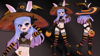 1girl 3d animal_ears ass boots crop_top elbow_gloves elin gloves gradient_hair gs-mantis highres loli long_hair looking_at_viewer multicolored_hair multiple_views navel purple_eyes purple_hair rabbit_ears rabbit_tail short_shorts shorts smile stomach tail tera_online thighhighs thighs