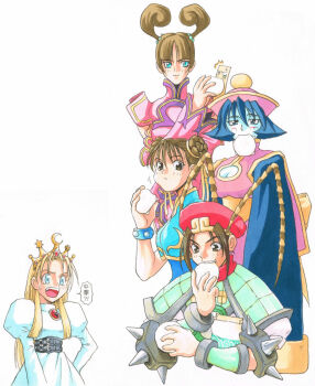 Rule 34 | 5girls, blonde hair, blue eyes, blue hair, breasts, brown eyes, brown hair, capcom, chinese clothes, chun-li, cleavage, cyberbots, darkstalkers, devilot de deathsatan ix, eating, hat, hsien-ko, june lin milliam, long hair, mei-ling (darkstalkers), multiple girls, open mouth, star gladiator, street fighter, tao (warzard), translation request, warzard