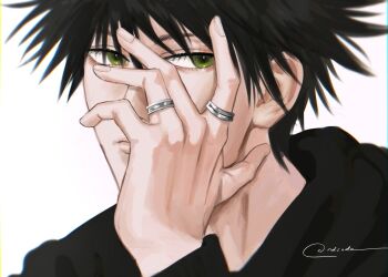 Rule 34 | 1boy, black hair, black hoodie, closed mouth, fushiguro megumi, green eyes, hand on own face, highres, hood, hoodie, jewelry, jujutsu kaisen, looking at viewer, male focus, multiple rings, ndsoda, ring, short hair, signature, simple background, solo, spiked hair, white background
