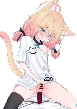absurdres ahoge anal anal_object_insertion animal_collar animal_ear_fluff animal_ears asymmetrical_legwear bandaid bandaid_on_knee bandaid_on_leg bar_censor bell black_collar blonde_hair blue_eyes blush bottomless breasts cat_ears cat_girl cat_tail censored collar dildo female_masturbation fish_ornament glasses gradient_hair highres indie_virtual_youtuber loli long_shirt low_twintails masturbation minikomew multicolored_hair no_pants object_insertion open_mouth oversized_clothes oversized_shirt pussy ritspi sex_toy shirt simple_background single_thighhigh small_breasts spread_pussy spreading_own_pussy tail thighhighs twintails virtual_youtuber white_background