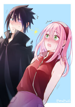 1boy 1girl arms_behind_back black_cloak black_eyes black_hair blue_background blush border cloak closed_mouth green_eyes hair_between_eyes haruno_sakura highres looking_at_another medium_hair naruto_(series) naruto_shippuuden nervous open_mouth outside_border pink_hair red_shirt rinnegan shirt short_hair sleeveless sleeveless_shirt t0m0mile twitter_username uchiha_sasuke white_border