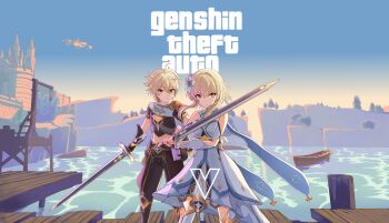 1boy 1girl absurdres aether_(genshin_impact) black_gloves black_pants black_shirt boat castle commentary cowboy_shot cropped_shirt detached_sleeves dress dull_blade_(genshin_impact) flower genshin_impact gloves grand_theft_auto hair_flower hair_ornament highres holding holding_sword holding_weapon looking_at_viewer lumine_(genshin_impact) midriff mixed-language_commentary outdoors pants parody scarf shirt short_sleeves sword thighhighs tsukiko_neko watercraft weapon white_dress white_flower white_scarf white_thighhighs