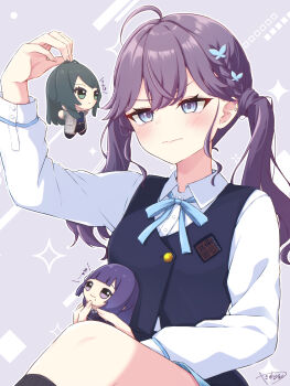 Rule 34 | 1girl, absurdres, ahoge, blue eyes, blue ribbon, blue vest, blush, braid, butterfly hair ornament, character doll, chibigurumi, collared shirt, commentary request, doll, gakuen idolmaster, hair ornament, hataya misuzu, hatsuboshi gakuen school uniform, highres, holding, holding doll, idolmaster, kaya rinha, long sleeves, neck ribbon, outline, purple hair, ribbon, school uniform, shirt, signature, solo, syngup! (idolmaster), tsukimura temari, twintails, vest, white outline, white shirt, yasaka (astray l)